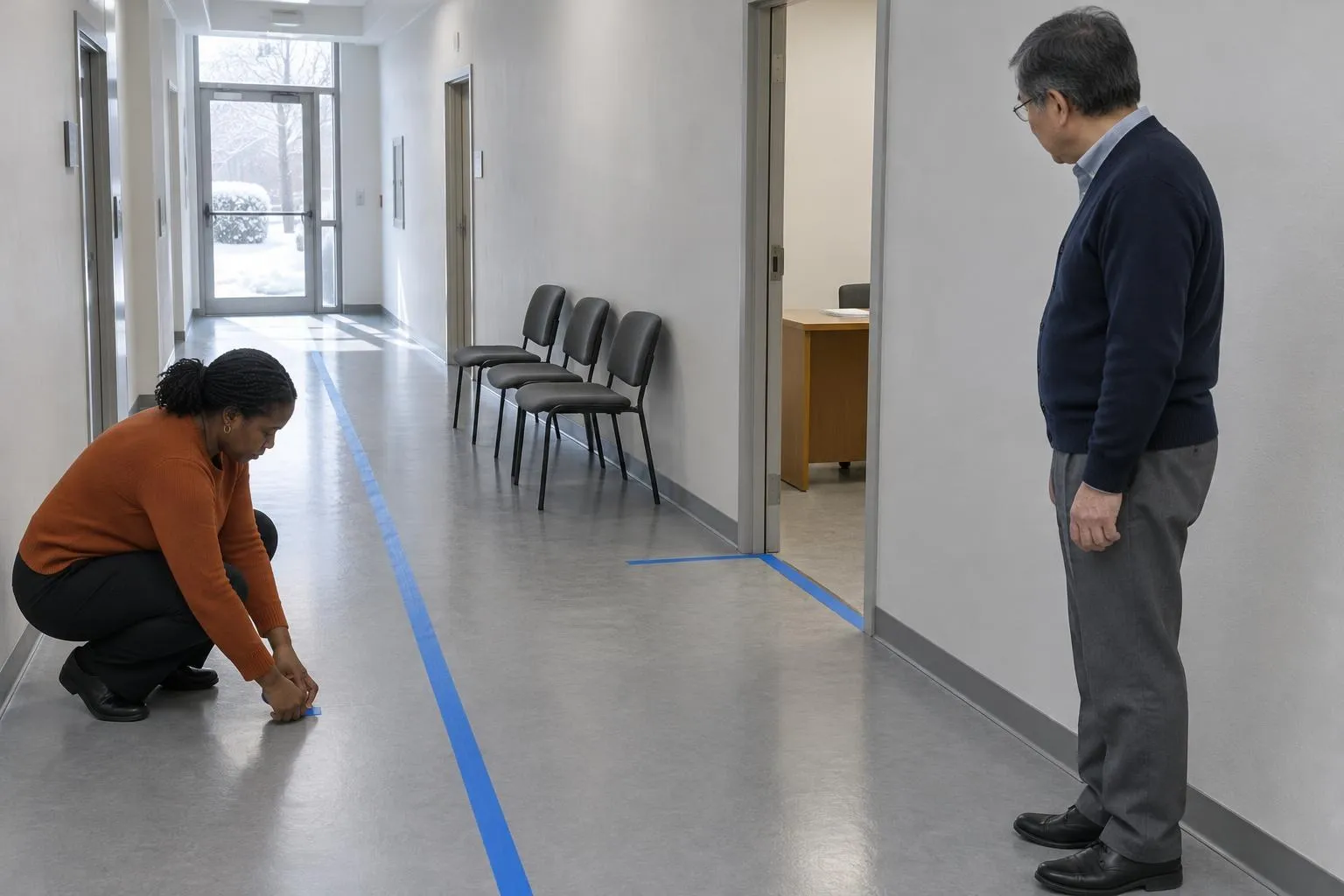 A consultant presses blue tape along a clinic corridor floor while an administrator watches the path turn toward the billing room.