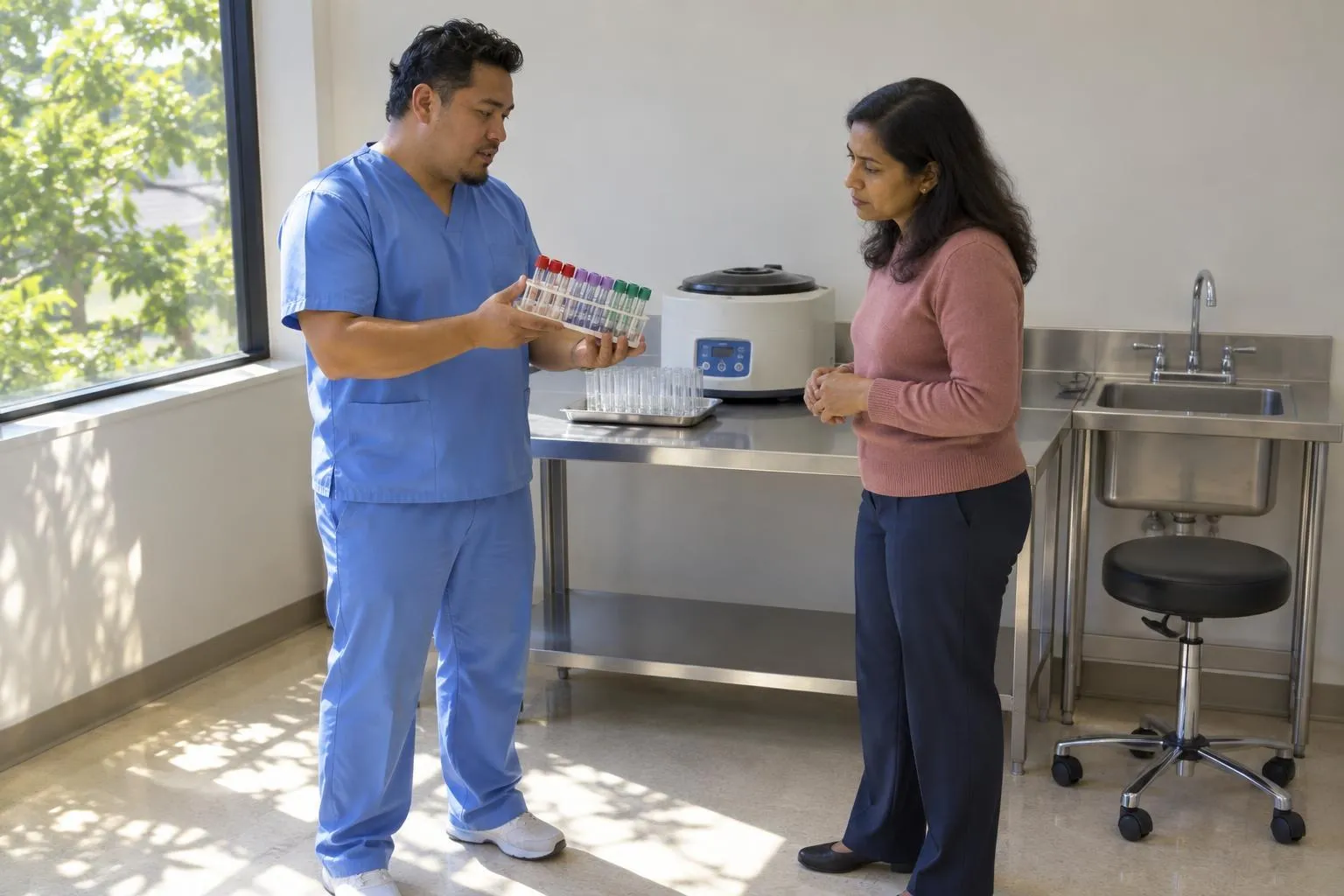 A lab technician shows a rack of specimen tubes to a consultant in a sunlit clinic lab room.