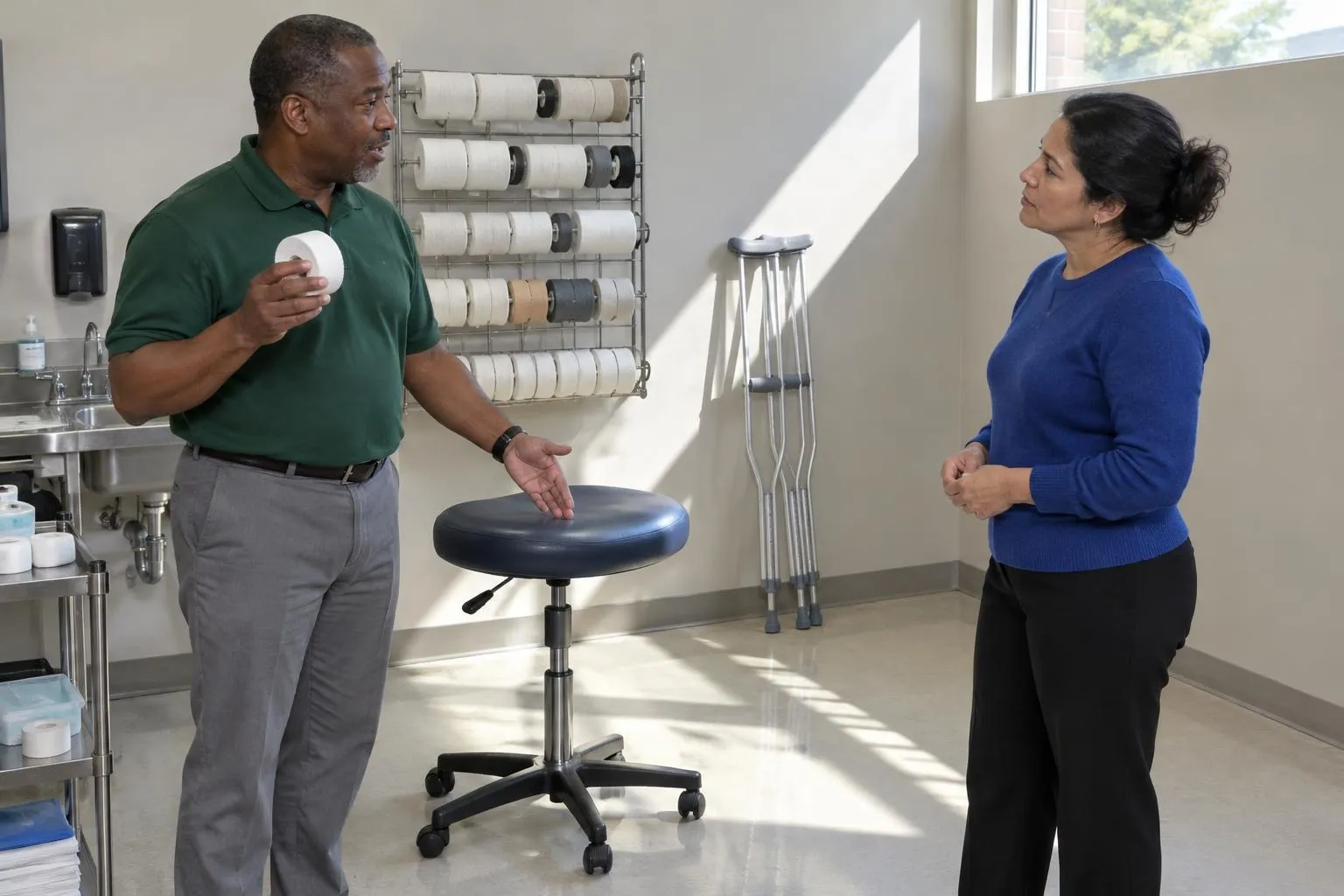 An administrator holds a roll of casting tape in an orthopedic cast room as a consultant listens, hands empty, in hard summer light.